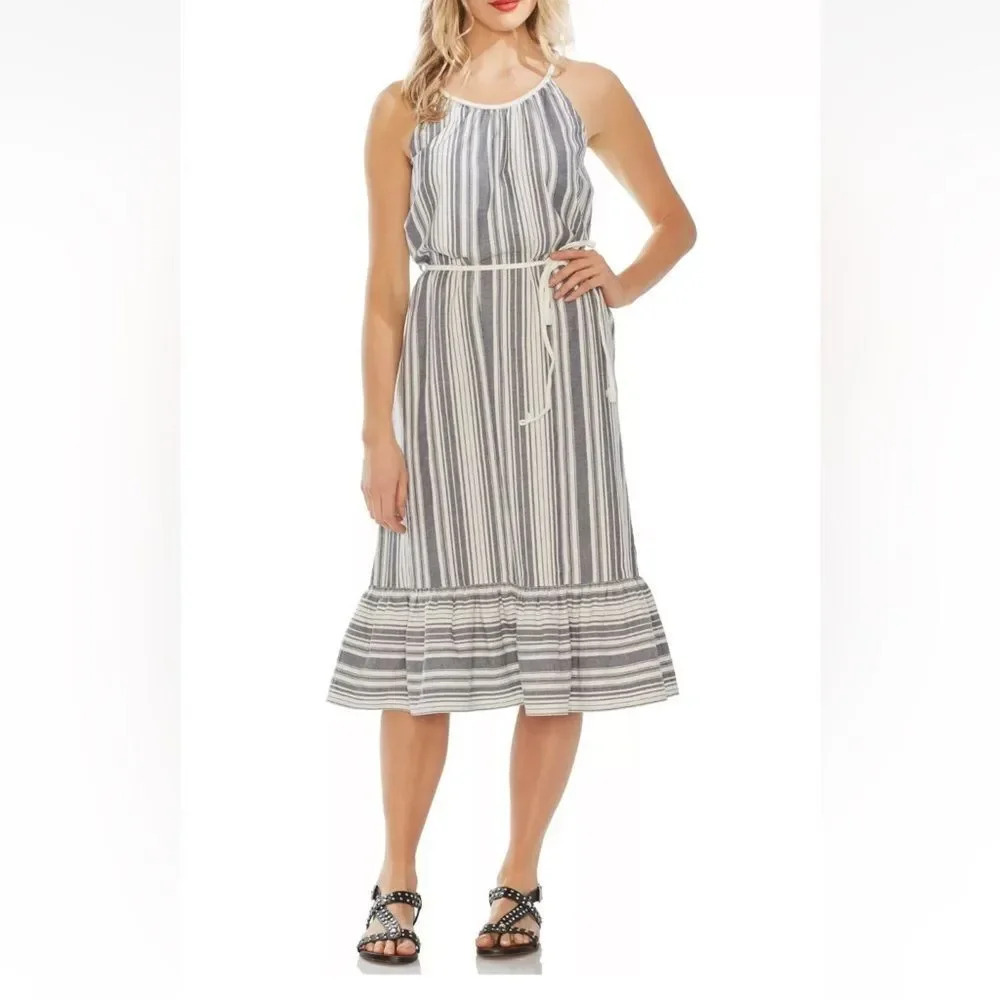 NWT VINCE CAMUTO Dobby Stripe Midi Ruffle Hem Sundress sz Small New Ivory